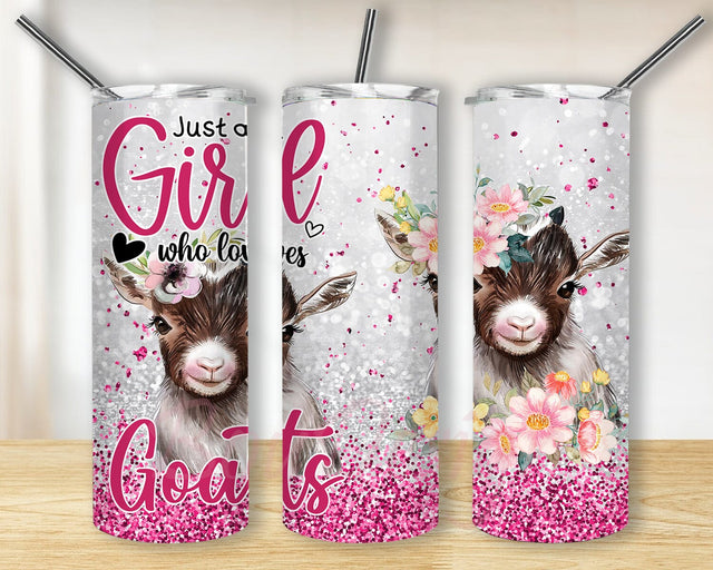 Just A Girl Who Loves Goats 20oz Skinny Tumbler Png, Cute Farm Animal Tumbler, Glitter Flower Floral Tumbler, Pink Goat Tumbler Sublimation BouDesign 