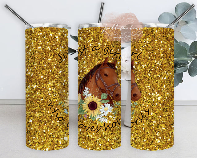 Just a Girl Who Loves Horses Tumbler Png, Horses Floral 20oz Skinny Tumbler, Horses Gold Glitter Tumbler Wrap, Horses Tumbler Template, Instant Download Sublimation Rabbitmakies 