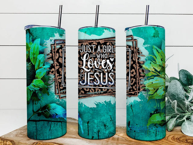 Just A Girl Who Loves Jesus 20oz Skinny Tumbler Png, Sunflower Teal Leopard Png, Cross Png, Faith Png, Gemstone Png, Digital Download Sublimation iStyleDesign 
