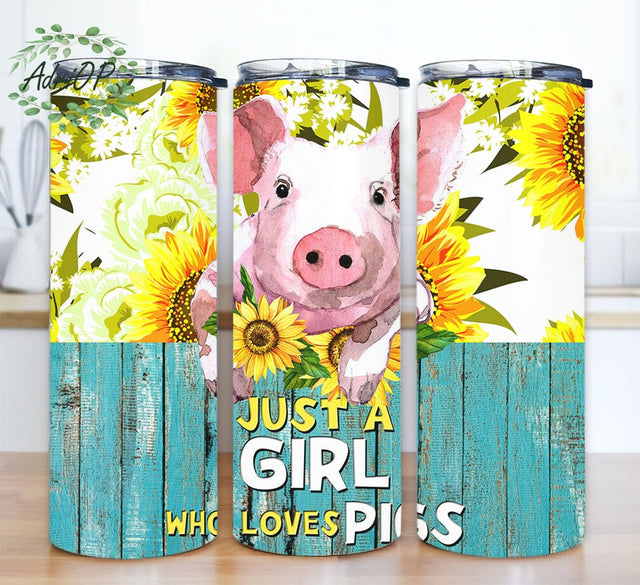 Just A Girl Who Loves Pigs 20oz Skinny Tumbler Png, Pig Sunflower Tumbler, Pig Portrait Png, Baby Pig Png, Farm Pig, Pig Lovers Gift Sublimation AdriOP 