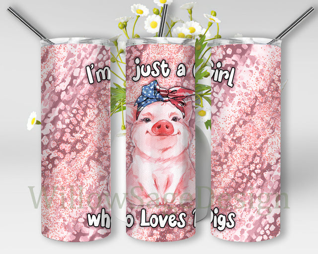 Just A Girl Who Loves Pigs Tumbler Template, Pigs 20oz Skinny Tumbler, Pink Glitter Tumbler Wrap, Watercolor Pigs Design Png, Instant Download Sublimation WillowSageDesign 