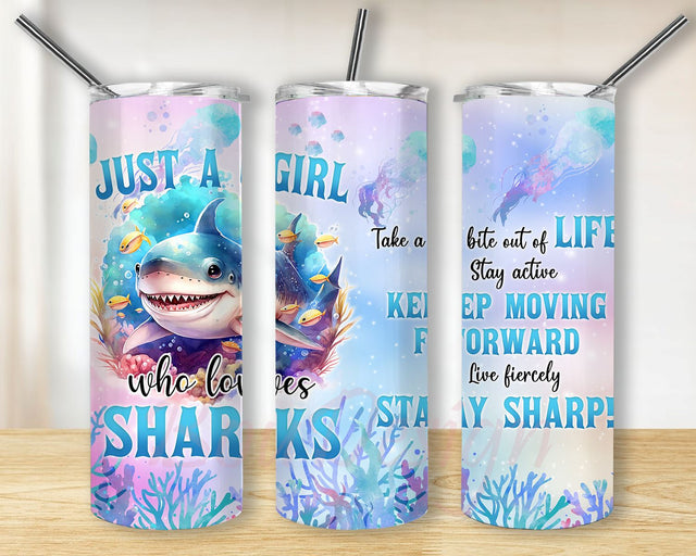 Just A Girl Who Loves Shark Tumbler Design, Shark 20 oz Skinny Tumbler Sublimation Design, Instant Download, Sharks Straight PNG Digital Download, Sea Life Design Sublimation BouDesign 