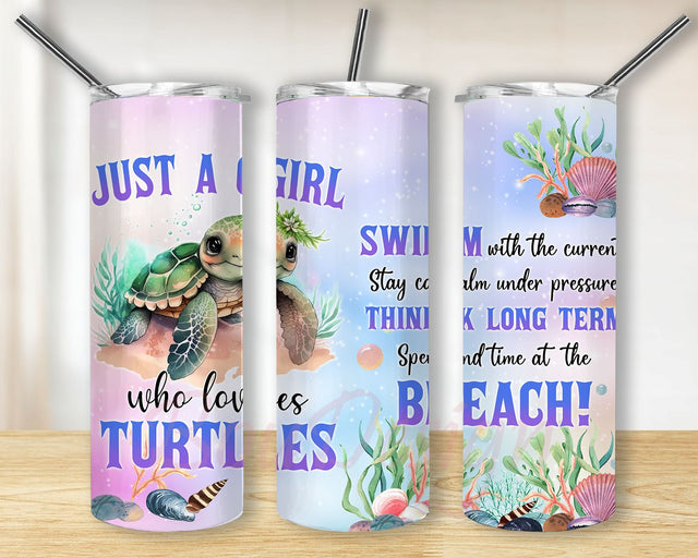 Just A Girl Who Loves Turtle Tumbler Design, Sea Turtle Glass Can Wrap, Turtles Tumbler Iced Coffee Cup, Mom Gifts Ideas Tumbler Sublimation,Ocean Tumbler, 20oz Skinny Tumbler Sublimation Wrap Designs Template PNG Sublimation BouDesign 