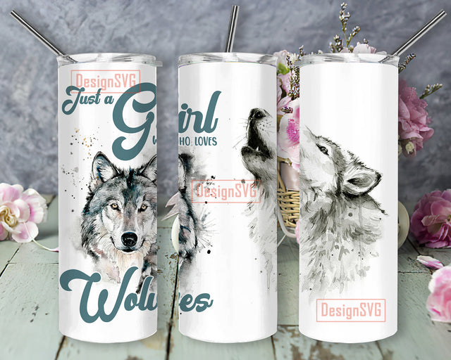 Just A Girl Who Loves Wolves Tumbler Wrap, Watercolor Wolves 20oz Skinny Tumbler, Wolf Lover Tumbler Design, Howling Wolf Sublimation Design, Digital Download Sublimation DesignSVG 