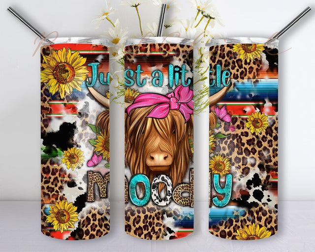 Just A Little Moody Long Haired Cow 20oz Skinny Tumbler Png, Leopard Sunflower Cowhide Tumbler, Leopard Tumbler, Western Sunflower Tumbler Sublimation PixelChick 