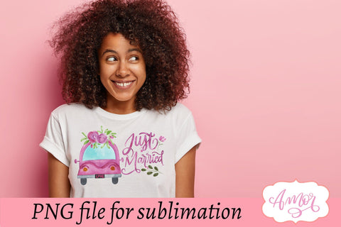 Just married sublimation design, retro wedding car PNG Sublimation Amorclipart 