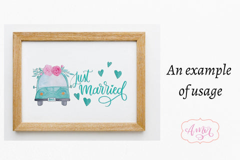 Just married sublimation design, retro wedding car PNG Sublimation Amorclipart 