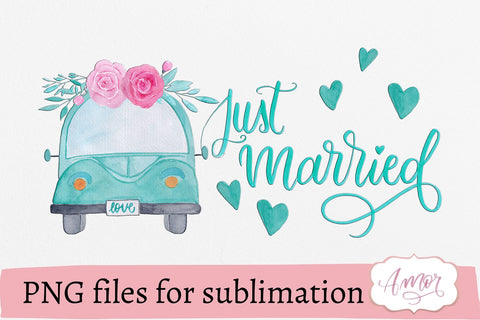 Just married sublimation design, retro wedding car PNG Sublimation Amorclipart 