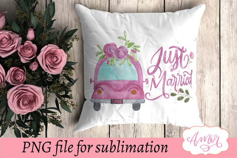 Just married sublimation design, retro wedding car PNG Sublimation Amorclipart 