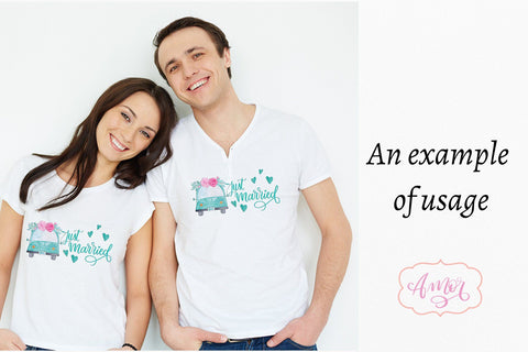 Just married sublimation design, retro wedding car PNG Sublimation Amorclipart 