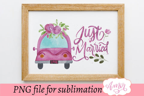 Just married sublimation design, retro wedding car PNG Sublimation Amorclipart 