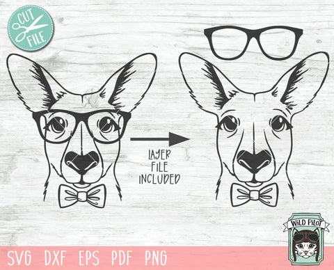 Kangaroo svg file, Kangaroo with Glasses Bowtie svg, Kangaroo cut file, Animal Face SVG, Boy Kangaroo svg, Australian Animals svg, Eyeglasses SVG SVG Wild Pilot 