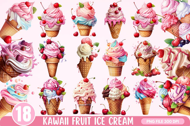 Kawaii Fruit Ice Cream Clipart Bundle Sublimation Regulrcrative 