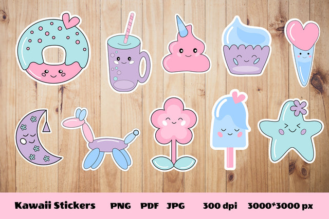 Kawaii Stickers PNG. Funny Kawaii Stickers Bundle. SVG Olga Terlyanskaya 