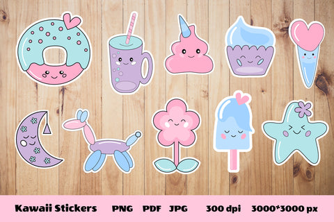 Kawaii Stickers PNG. Funny Kawaii Stickers Bundle. SVG Olga Terlyanskaya 
