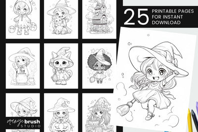 Kawaii Witch Coloring Book Halloween Coloring Page Bundle Sublimation OrangeBrushStudio 