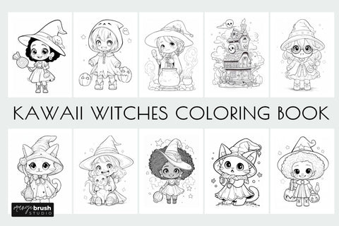 Kawaii Witch Coloring Book Halloween Coloring Page Bundle Sublimation OrangeBrushStudio 