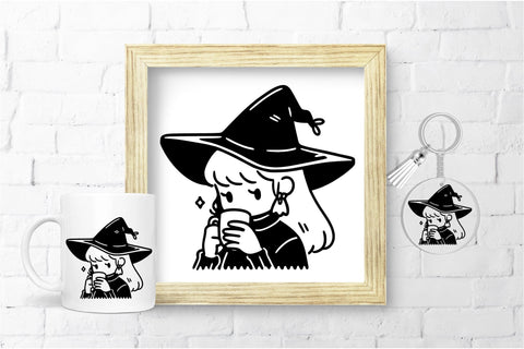 Kawaii Witch Drink Coffee SVG File SVG OrangeBrushStudio 
