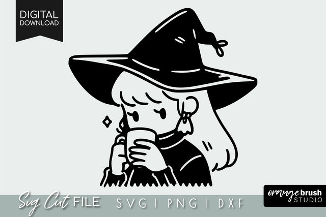 Kawaii Witch Drink Coffee SVG File SVG OrangeBrushStudio 