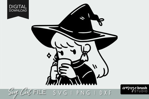 Kawaii Witch Drink Coffee SVG File SVG OrangeBrushStudio 
