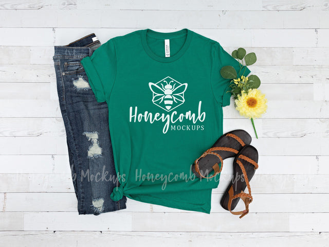 Kelly Bella Canvas 3001 Mockup, Green T-Shirt Mockup Mock Up Photo Honeycomb Mockups 