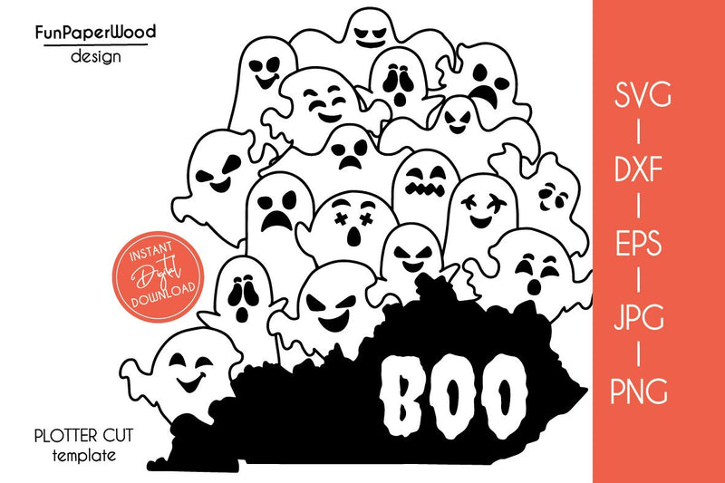 Kentucky KY state map Cute Halloween Boo scary ghosts faces SVG DXF EPS PNG JPEG SVG FunPaperWood 