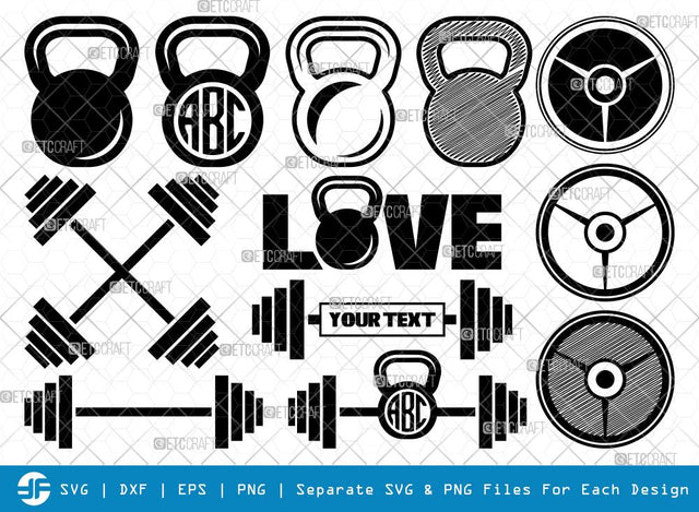 Kettlebell SVG Cut Files | Kettle bell Silhouette | Barbell Svg Bundle SVG ETC Craft 