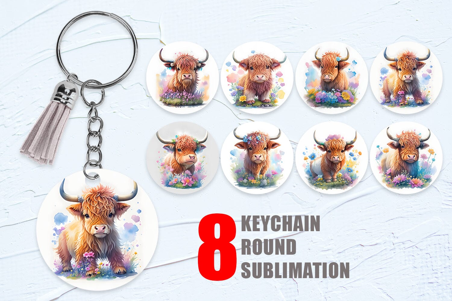 Rainbow highland cow keychain sublimation design