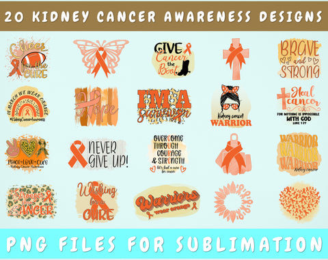 Kidney Cancer Awareness Sublimation Designs Bundle, 20 Designs, Kidney Cancer Warrior PNG Files, Orange Ribbon PNG Files Sublimation HappyDesignStudio 