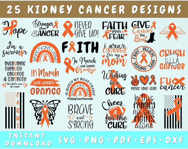 Kidney Cancer Awareness SVG Bundle, 25 Designs, Kidney Cancer Ribbon SVG, Orange Cancer Ribbon SVG SVG HappyDesignStudio 