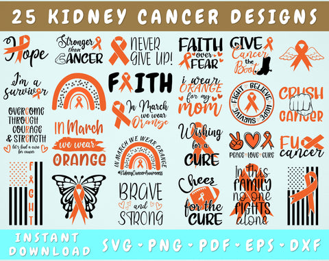 Kidney Cancer Awareness SVG Bundle, 25 Designs, Kidney Cancer Ribbon SVG, Orange Cancer Ribbon SVG SVG HappyDesignStudio 