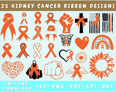 Kidney Cancer Ribbon SVG Bundle, 25 Designs, Kidney Cancer Clipart, Orange Ribbon SVG Cut Files, Kidney Cancer PNG Files, Kidney Cancer Sunflower SVG SVG HappyDesignStudio 