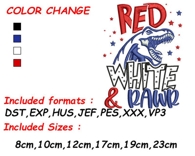 Kids Dinosaur, Dino Embroidery, Girl Dino, Funny Dinosaur Gift, Fourth of July, Red White Blue Embroidery/Applique DESIGNS SVG Digital Designer 