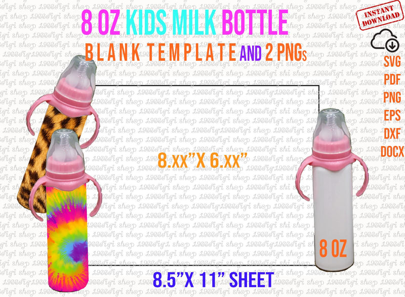 Kids Milk Bottle 8oz Tumbler Template, Baby Milk Bottle sublimation Template, Cricut and Silhouette instant download Png Pdf Eps Dxf Docx SVG 1966digi 