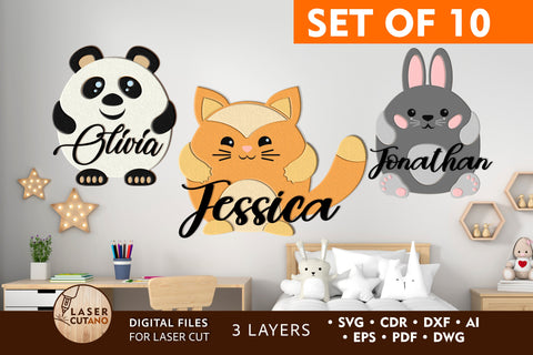 Kids Panel Animals Set Of 10 Signs Cut Design Custom Name SVG LaserCutano 