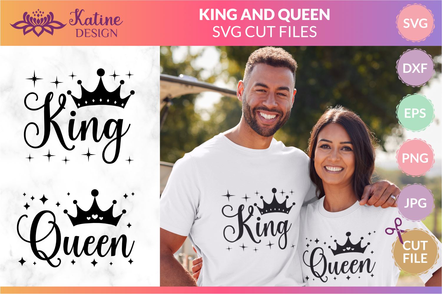 King And Queen - Couple Design. Black Text And Gold Crown Isolated On White  Background. Can Be Used For Printable Souvenirs (t-shirt, Pillow, Magnet,  Mug, Cup). Icon Of Wedding Invitation. Royalty Free