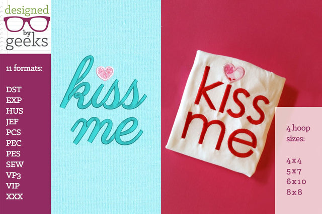 Kiss Me Heart Dot Valentine's Day Applique Embroidery Duo Embroidery/Applique Designed by Geeks 