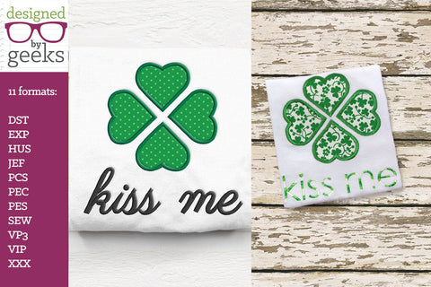 Kiss Me Large Heart Clover St. Patrick's Day Applique Embroidery Design Duo Embroidery/Applique DESIGNS Designed by Geeks 