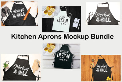 Kitchen Apron Mockup Bundle, Kitchen Black Apron Mock up, Flat Lays Image, Aprons Digital Mockups, White Wood Background, JPEG image Mock Up Photo ArtStudio 