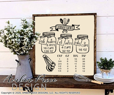 Kitchen Conversions Chart SVG | Mason Jar Recipe Conversions SVG PNG DXF | Farmhouse Measurement Cheat Sheet SVG | Kitchen Decor Vector SVG Amber Price Design 