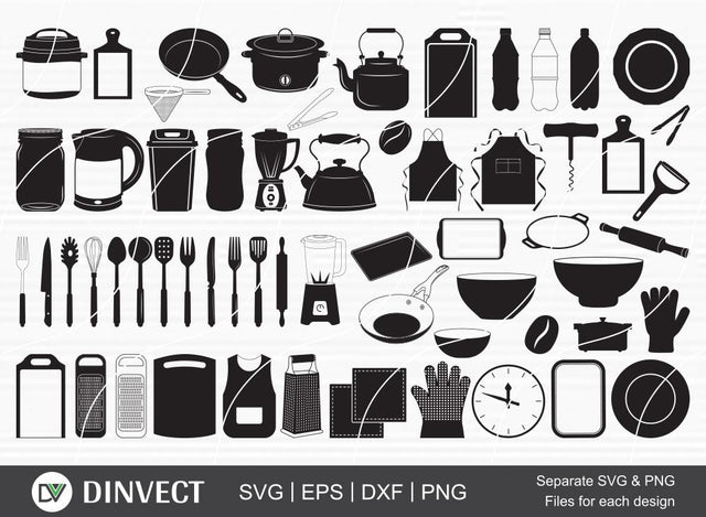 Kitchen equipment Clipart, Grill utensils SVG, Kitchen equipment vector, Rolling Pin, Silhouette Studio, Cutting Machine, Cameo, Vinyl Designs SVG Dinvect 