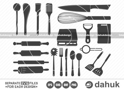 Kitchen equipment SVG, Kitchen tools bundle svg, Kitchen svg, Rolling pin svg, kitchen knife svg, Vegetable Peeler svg, Whisk SVG, Cutting Board svg, Kitchen Scale, svg, Spatula svg, Spoon svg, Fork SVG, Cutlery svg SVG dahukdesign 