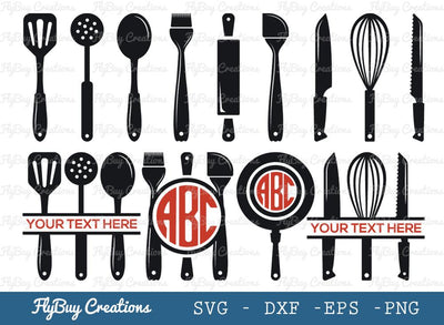 Kitchen Utensil Svg Cut File| Kitchen Tools | Kitchen Set | Leakage Shovel | Spoon | Spatula | Brush | Wooden Rolling Pin | Knife | Wisk | Split Monogram | Circle Monogram | SVG ETC Craft 
