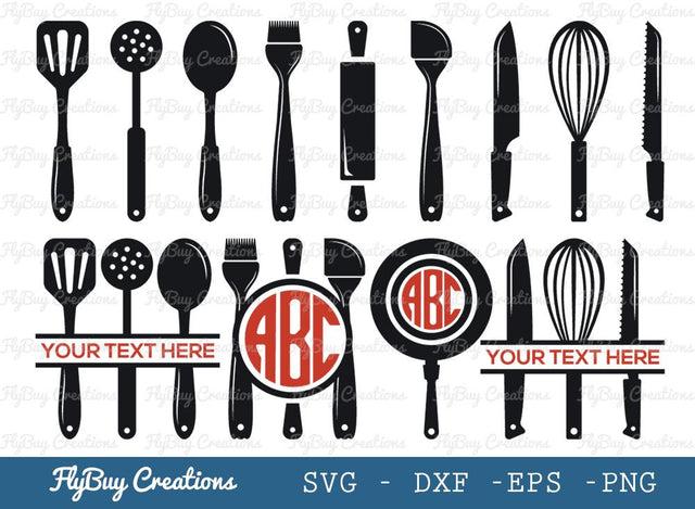 Kitchen Utensil Svg Cut File| Kitchen Tools | Kitchen Set | Leakage Shovel | Spoon | Spatula | Brush | Wooden Rolling Pin | Knife | Wisk | Split Monogram | Circle Monogram | SVG ETC Craft 