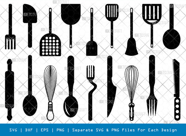 Kitchen Utensil SVG, Kitchen Silhouette, Spatula Svg, Spoon Svg, Fork Svg, Knife Svg, Cutlery Svg, Cooking Svg, Kitchen Bundle SVG ETC Craft 