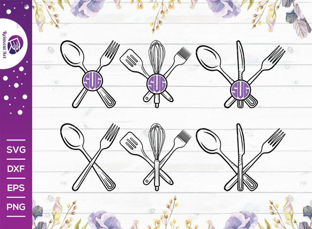 Kitchen Utensils Outline Monogram Svg Cut File | Kitchen Svg | Split Svg | Wisk Svg | Spatula Svg | Spoon Svg | Baking Utensils Svg | Eps | Dxf | Png SVG Reinvent Art 