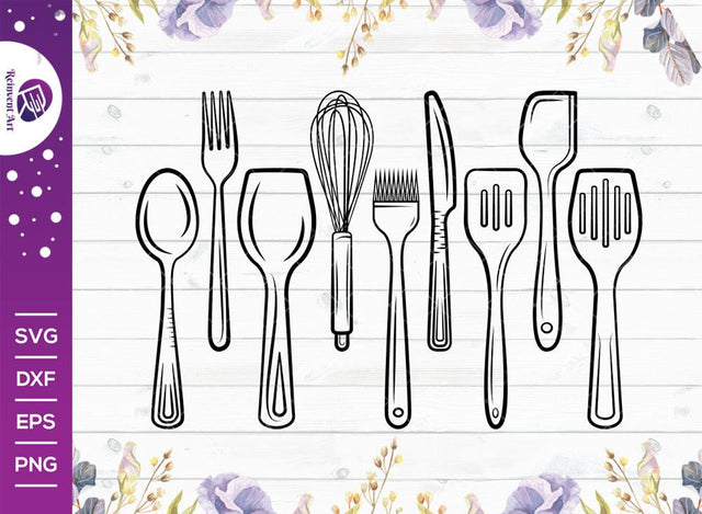Kitchen Utensils Outline Svg Cut File | Kitchen Svg | Split Svg | Wisk Svg | Spatula Svg | Spoon Svg | Baking Utensils Svg | Eps | Dxf | Png SVG Reinvent Art 