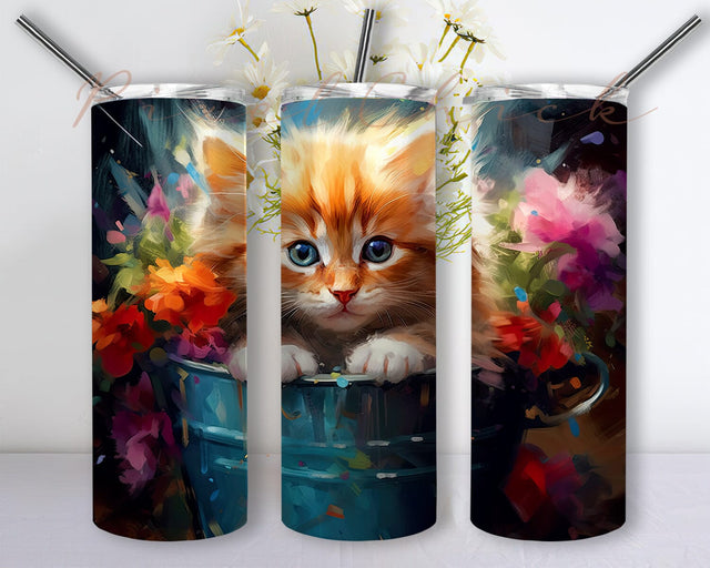 Kitten Flowers 20oz Skinny Tumbler Png, Adorable Watercolor Kitten With Flowers Tumbler, Cat Flowers Png, Printable Tumbler Wrap, Cat Lover Tumbler Sublimation PixelChick 