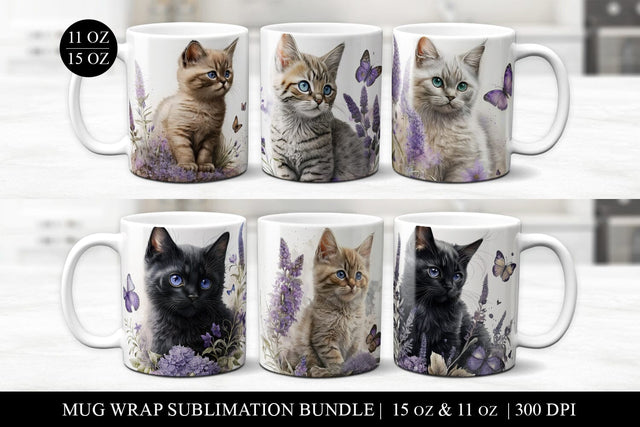 Kittens with Lavender & Butterflies 11& 15 oz Mug Bundle Sublimation BijouBay 