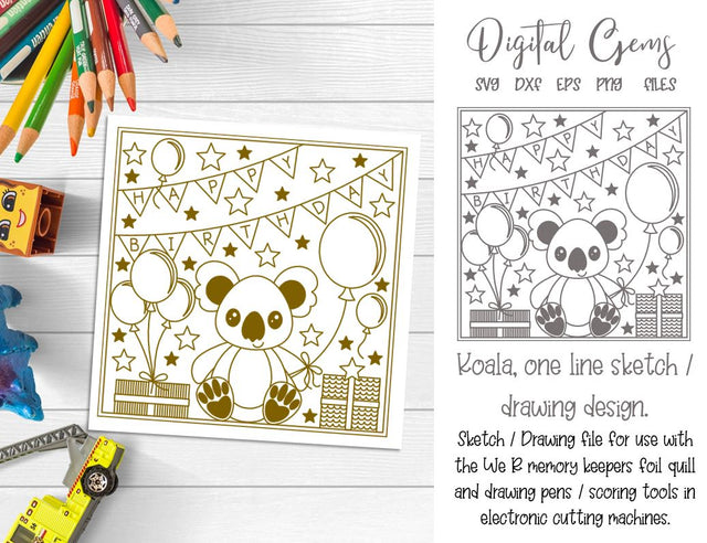 Koala, Happy Birthday foil quill / sketch / drawing design SVG Digital Gems 